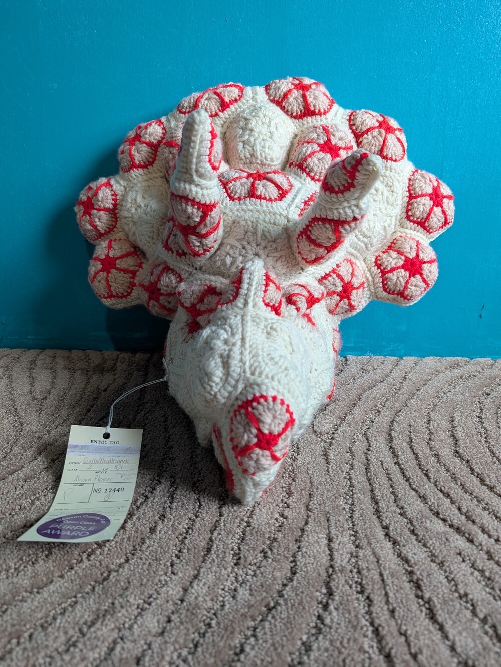 Award‑Winning African Flower Crochet Triceratops Head Haandcrafted Fiber Art